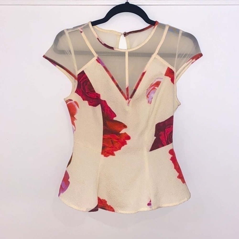 Guess floral peplum blouse cape sleeves rose print mesh V neck Size XS